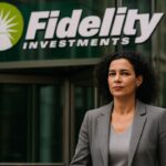 Ingang van een Fidelity-kantoorgebouw met het logo, een zakenvrouw loopt richting de camera