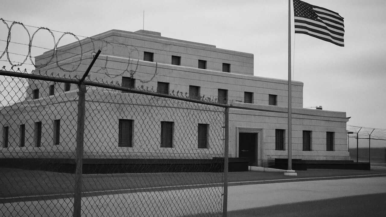 Het zwaarbeveiligde gouddepot van Fort Knox in Kentucky onder een bewolkte hemel