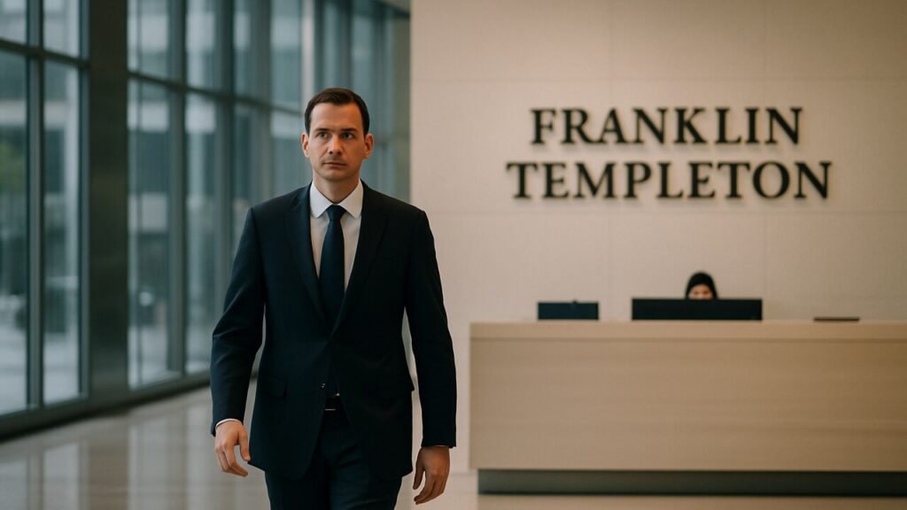 Ingang en lobby van een groot vermogensbeheerkantoor met Franklin Templeton naambord bij de receptie