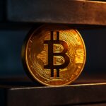 Een Bitcoin-munt tussen twee stalen platen die oplopende druk verbeelden