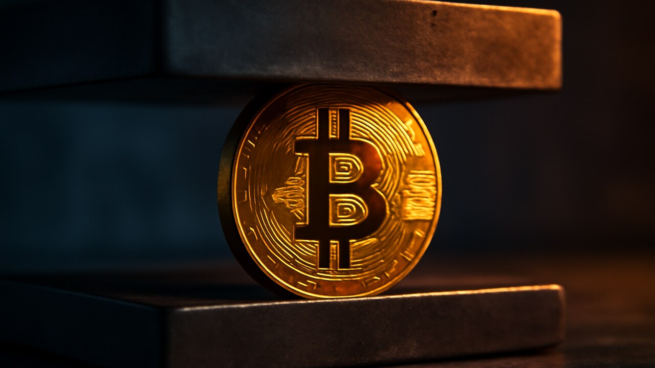 Een Bitcoin-munt tussen twee stalen platen die oplopende druk verbeelden