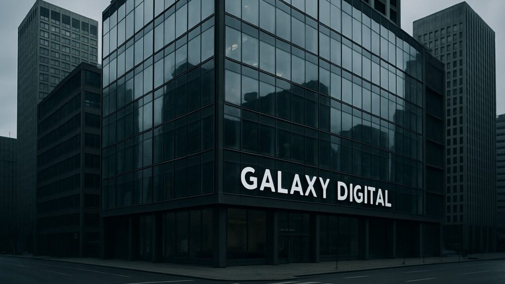 Het hoofdkantoor van Galaxy Digital onder een grijze bewolkte hemel