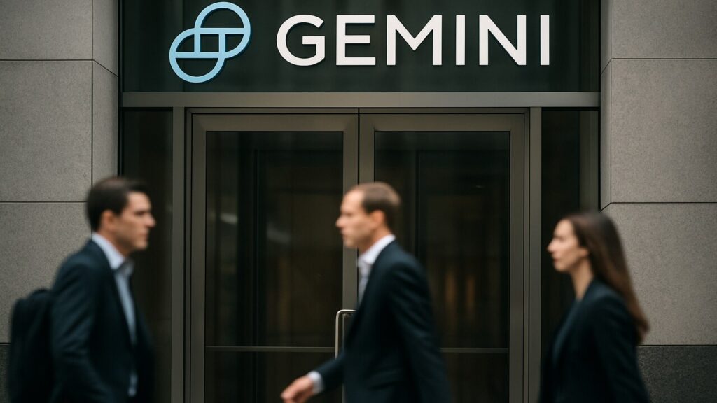 Vooraanzicht van een modern kantoorgebouw met het Gemini-logo bij de ingang