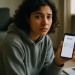 Jonge vrouw met een bezorgde blik kijkt naar haar telefoon met een finance-app in een eenvoudig appartement
