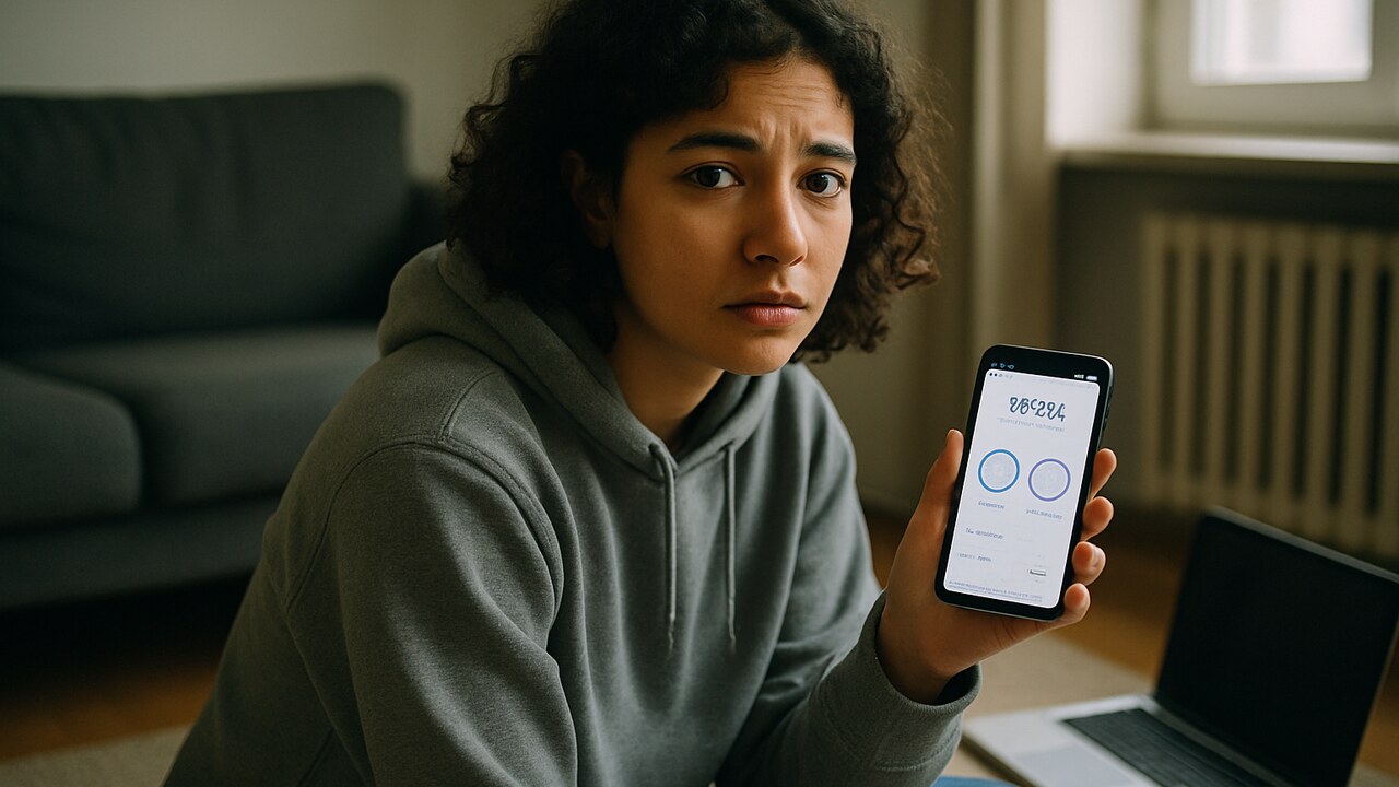 Jonge vrouw met een bezorgde blik kijkt naar haar telefoon met een finance-app in een eenvoudig appartement