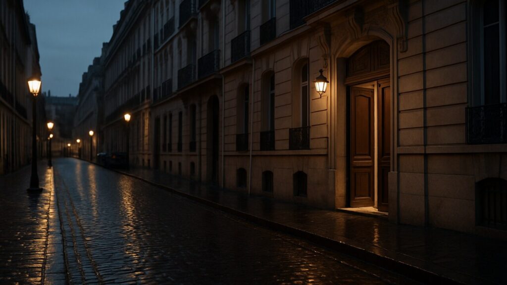 Een stille Franse woonstraat in de avond met een op een kier staande deur, symbool voor gewelddadige overvallen op cryptobezitters