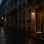 Een stille Franse woonstraat in de avond met een op een kier staande deur, symbool voor gewelddadige overvallen op cryptobezitters
