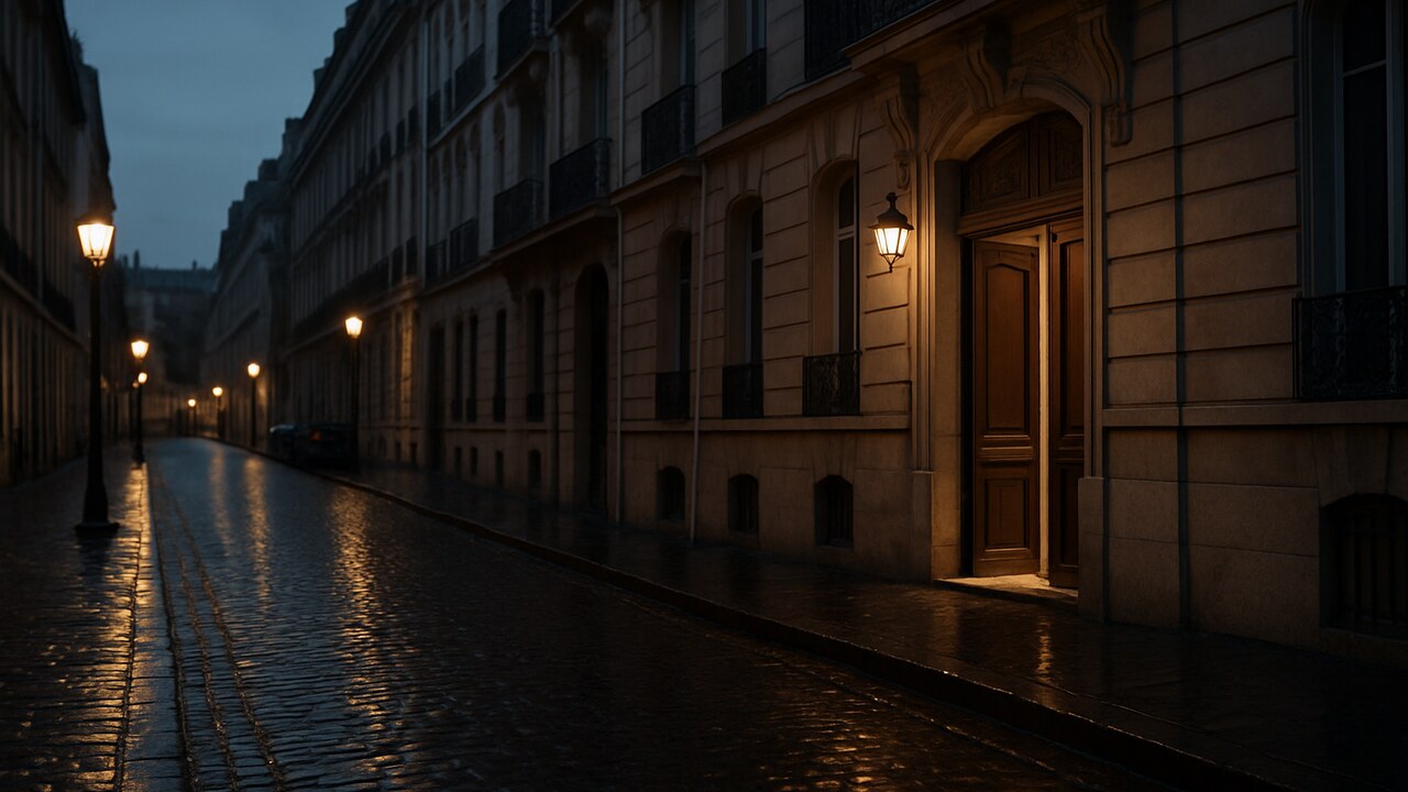 Een stille Franse woonstraat in de avond met een op een kier staande deur, symbool voor gewelddadige overvallen op cryptobezitters