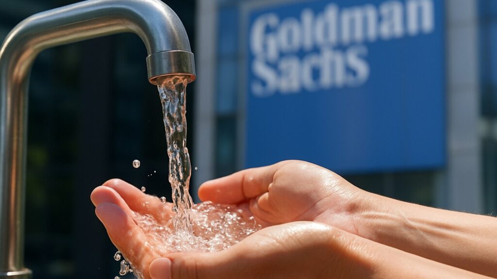 Helder water stroomt uit een kraan in gevouwen handen, met op de achtergrond het logo van Goldman Sachs op een gevel.