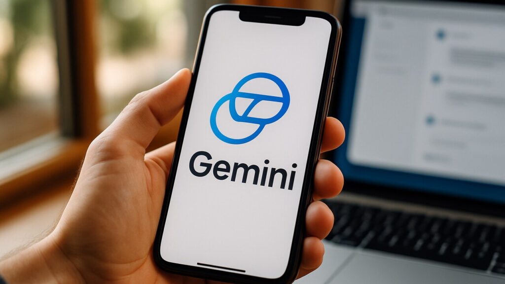 Een hand houdt een smartphone vast met de Google Gemini-app, op een cafétafel naast een laptop