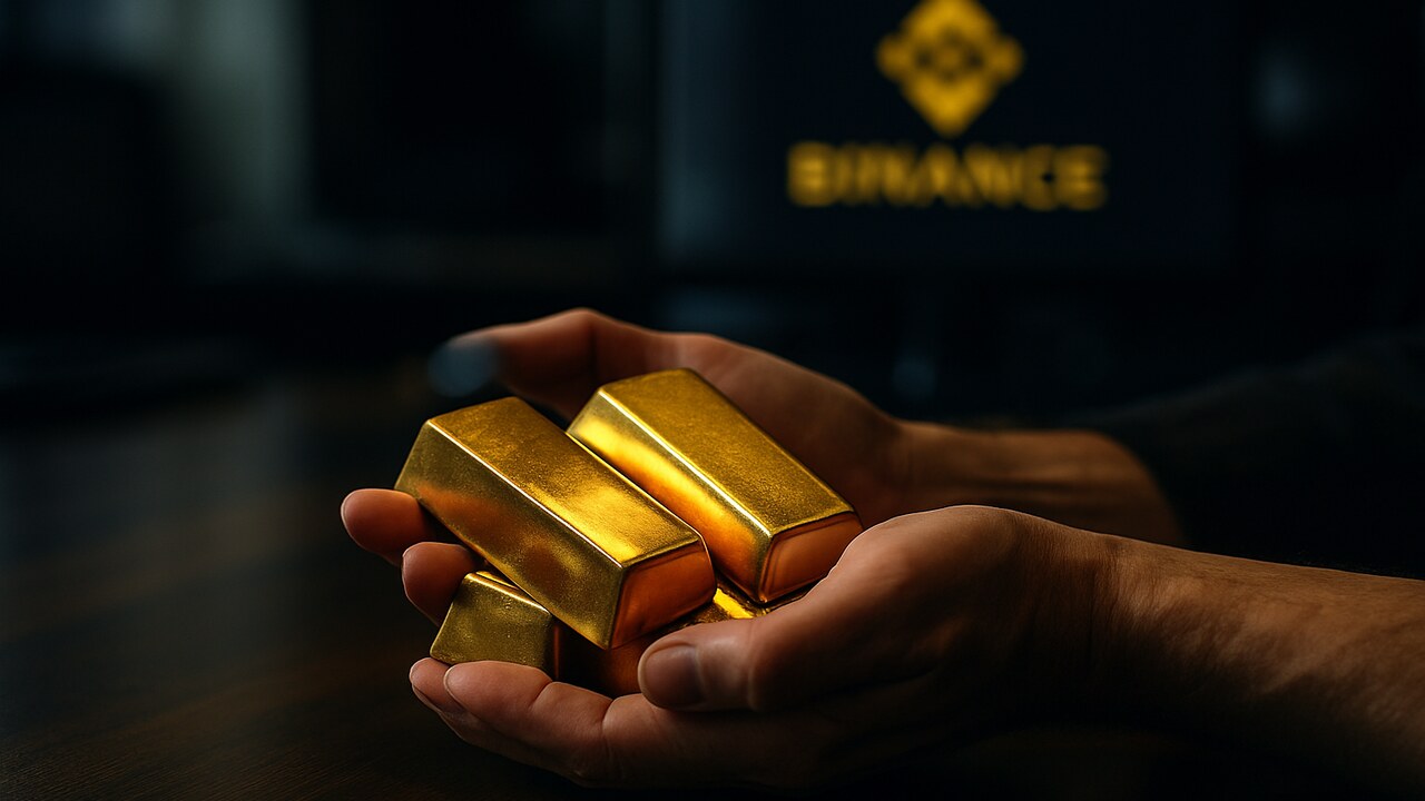 Handen houden gouden staven vast met op de achtergrond een scherm met het Binance-logo