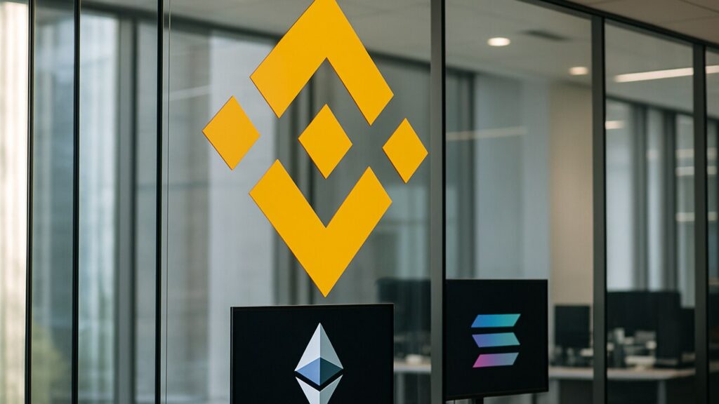 Het BNB-logo prominent op een kantoormuur met kleinere Ethereum- en Solana-logo's ernaast