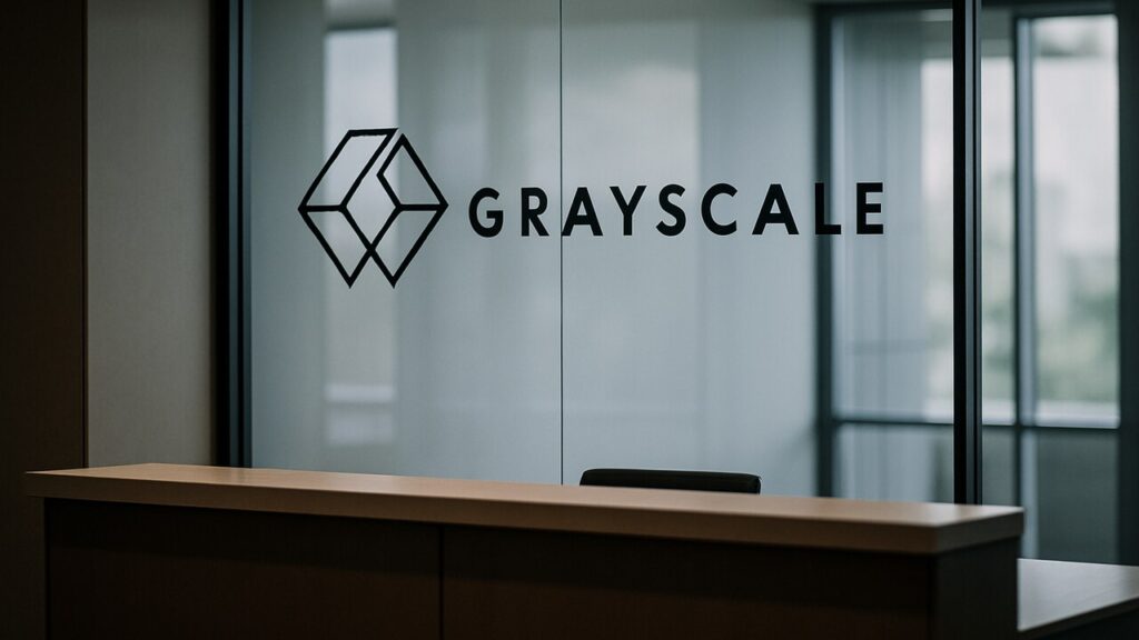 Het Grayscale-logo op een glazen wand in een rustige, moderne kantoorlobby