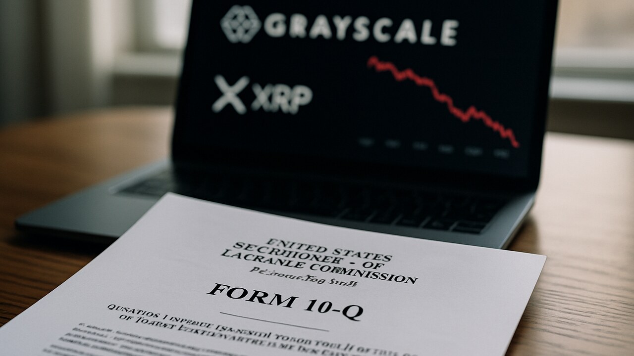 Officieel SEC-document op een bureau met op de achtergrond een laptop die een dalende rode XRP-grafiek en het Grayscale-logo toont