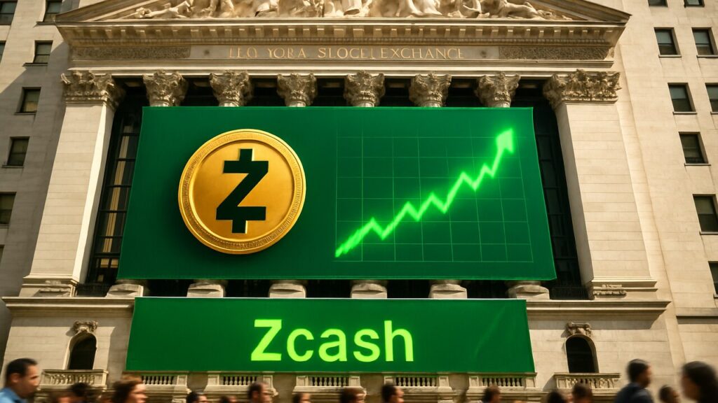 Gevel van de beurs met een grote banner van het Zcash-logo en een groene stijgende koersgrafiek op een scherm