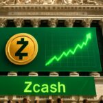 Gevel van de beurs met een grote banner van het Zcash-logo en een groene stijgende koersgrafiek op een scherm