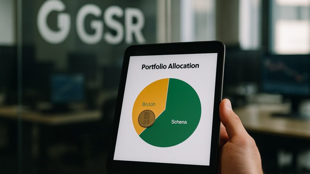 Tablet met portefeuilleverdeling waarop een kleine Bitcoin-positie en een grote Solana-positie zichtbaar zijn, bij een kantoor met GSR-logo