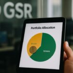 Tablet met portefeuilleverdeling waarop een kleine Bitcoin-positie en een grote Solana-positie zichtbaar zijn, bij een kantoor met GSR-logo