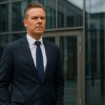 Modern Zweeds bedrijfspand met glazen gevel en een klein Bitcoin-logo bij de ingang
