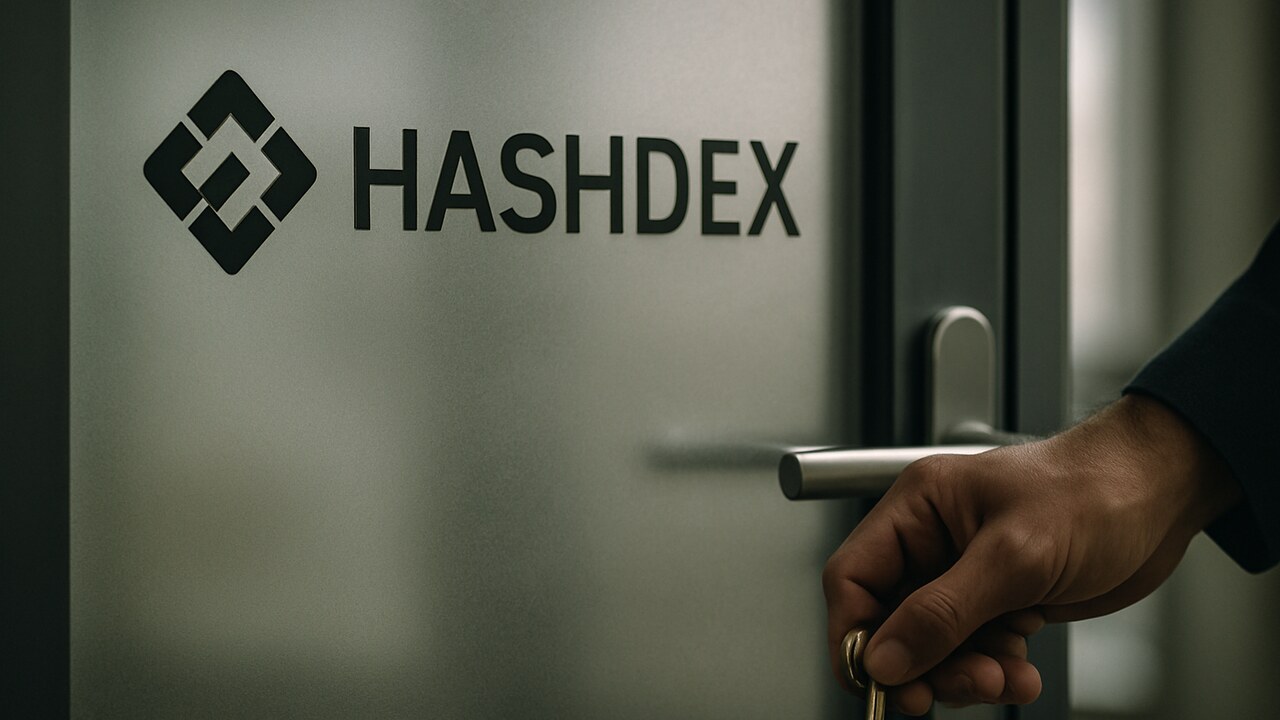 Een hand sluit een kantoordeur met het Hashdex-logo op het glas