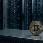 Serverruimte van een datacenter met een Bitcoin-munt op een metalen schap, symbool voor AI-schuld en Bitcoin