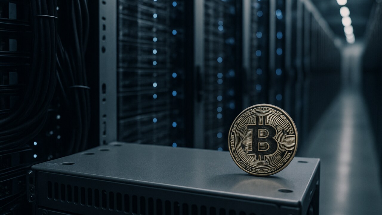 Serverruimte van een datacenter met een Bitcoin-munt op een metalen schap, symbool voor AI-schuld en Bitcoin