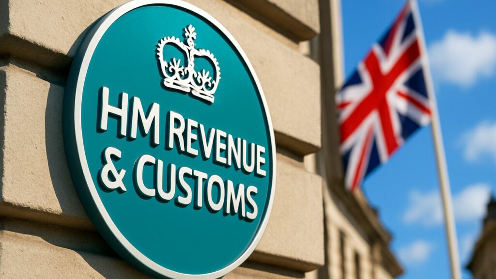 Het logo van de Britse belastingdienst HMRC op een overheidsgebouw