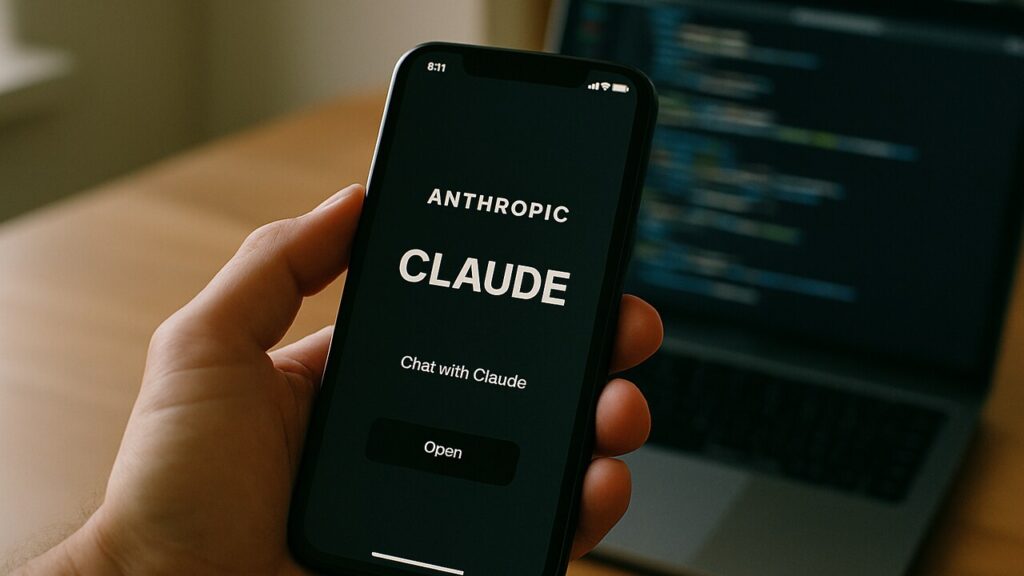 Hand met smartphone waarop de Claude-app van Anthropic te zien is, naast een laptop met code op een houten bureau.