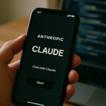 Hand met smartphone waarop de Claude-app van Anthropic te zien is, naast een laptop met code op een houten bureau.