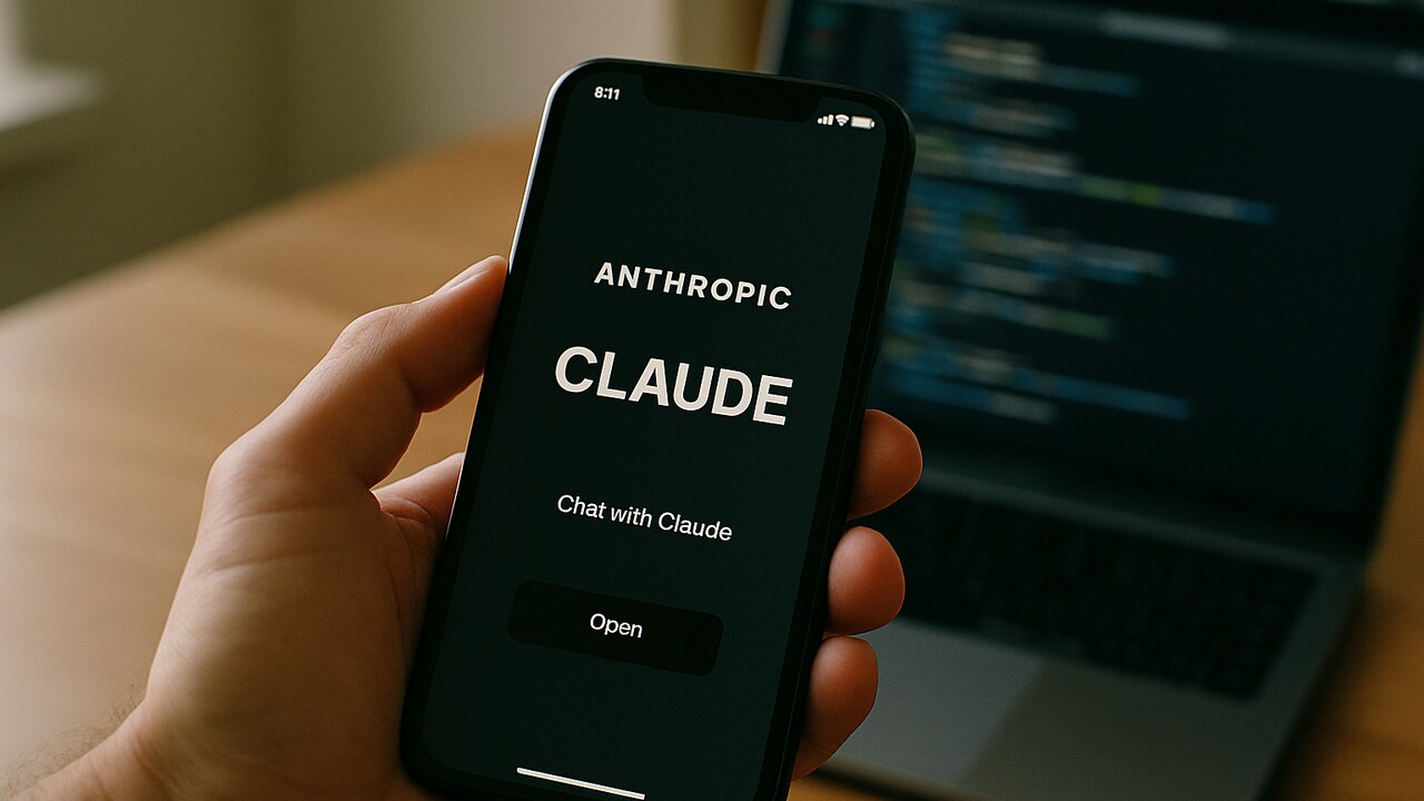 Hand met smartphone waarop de Claude-app van Anthropic te zien is, naast een laptop met code op een houten bureau.