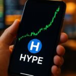 Smartphone met een steil stijgende groene koersgrafiek en het Hyperliquid HYPE-logo op het scherm