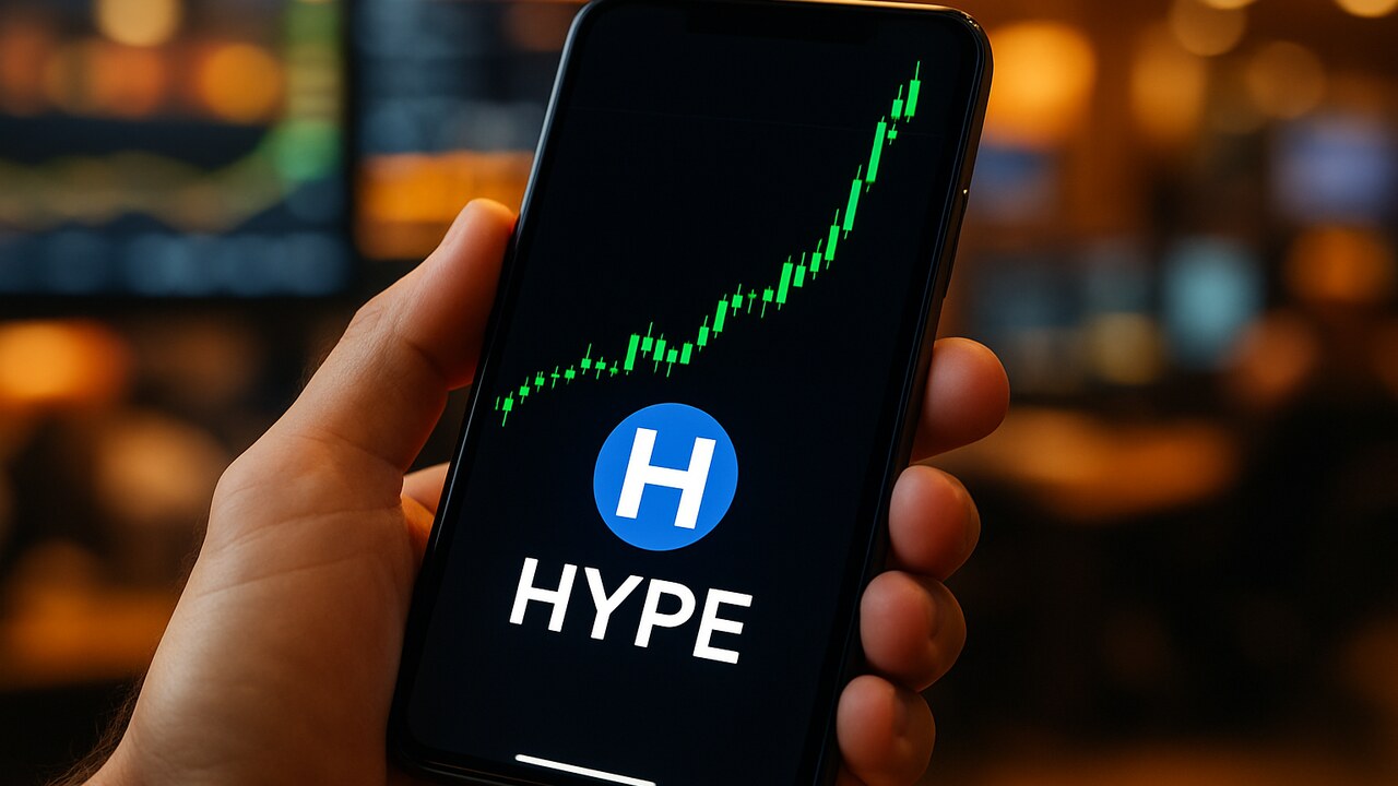 Smartphone met een steil stijgende groene koersgrafiek en het Hyperliquid HYPE-logo op het scherm