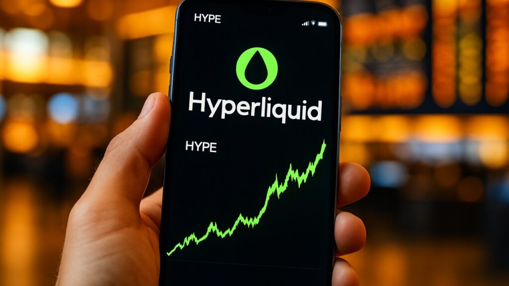 Smartphone met de Hyperliquid-app en een stijgende groene HYPE-koersgrafiek