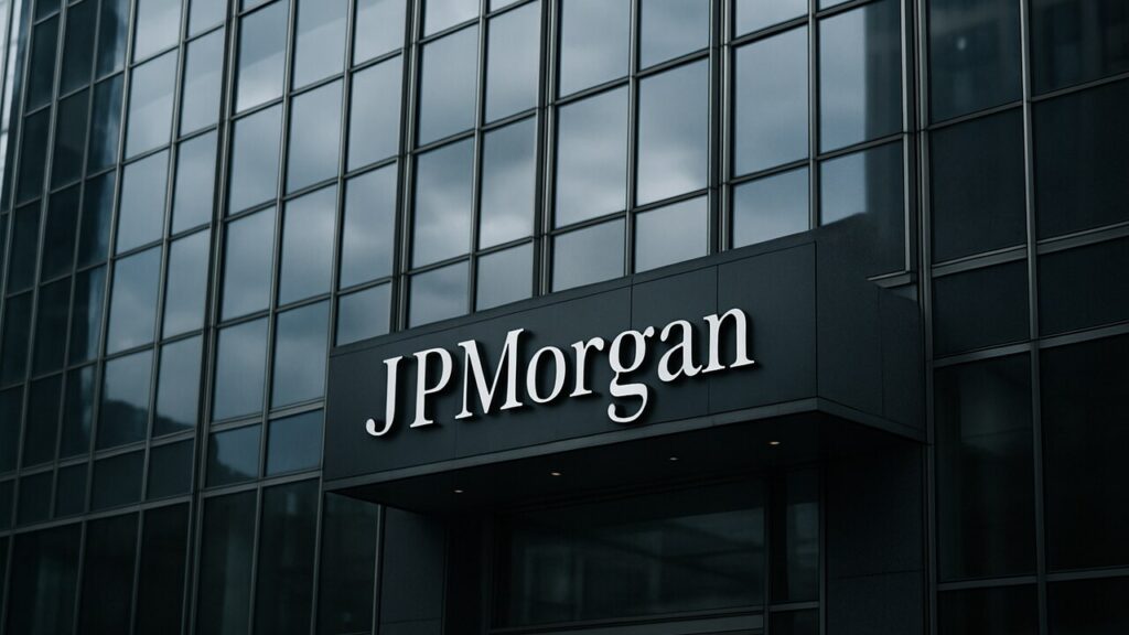 Modern kantoorgebouw van JPMorgan met logo bij de ingang onder een bewolkte hemel