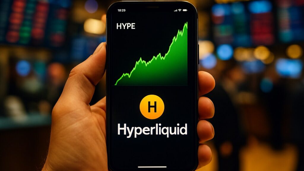Smartphone met een groene stijgende HYPE-koersgrafiek en het Hyperliquid-logo op het scherm