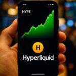 Smartphone met een groene stijgende HYPE-koersgrafiek en het Hyperliquid-logo op het scherm