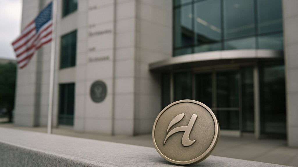 Amerikaans overheidsgebouw met daarvoor een kleine munt met Hyperliquid-symbool, symbool voor de stap richting de VS