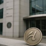Amerikaans overheidsgebouw met daarvoor een kleine munt met Hyperliquid-symbool, symbool voor de stap richting de VS