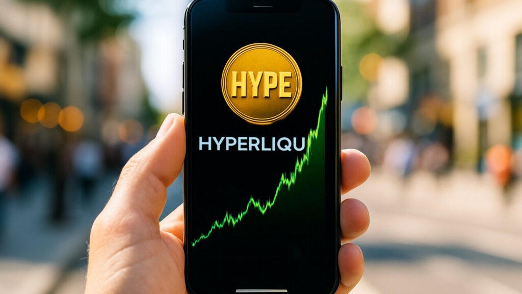 Smartphone met het Hyperliquid HYPE-logo en een stijgende groene koersgrafiek op een levendige straat