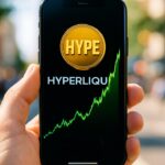 Smartphone met het Hyperliquid HYPE-logo en een stijgende groene koersgrafiek op een levendige straat