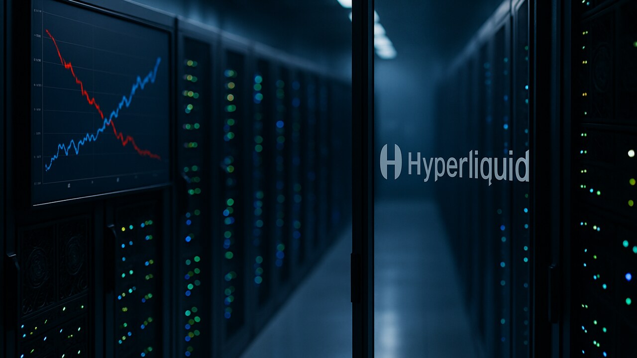 Datacenter met serverrekken en een scherm dat dalende inkomsten toont, met het Hyperliquid-logo op een glazen wand