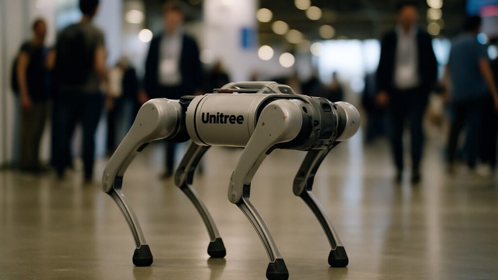 Een Unitree-robothond op een techbeurs met het Unitree-logo zichtbaar en bezoekers op de achtergrond