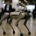 Een Unitree-robothond op een techbeurs met het Unitree-logo zichtbaar en bezoekers op de achtergrond