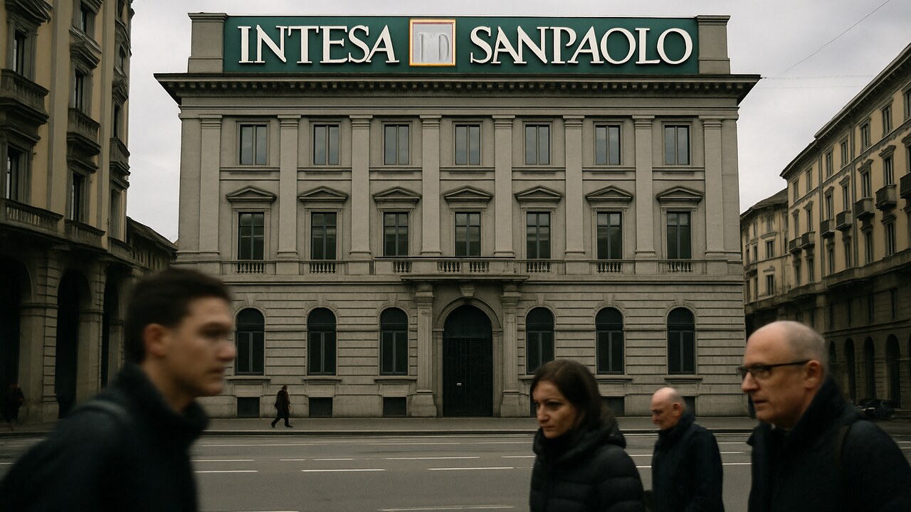 Het hoofdkantoor van de Italiaanse bank Intesa Sanpaolo met logo op de gevel