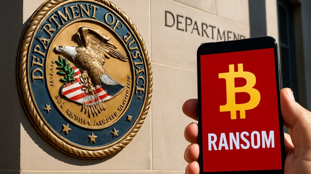Gevel van het Amerikaanse ministerie van Justitie met op de voorgrond een telefoon die een Bitcoin-afpersingsboodschap toont