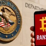 Gevel van het Amerikaanse ministerie van Justitie met op de voorgrond een telefoon die een Bitcoin-afpersingsboodschap toont