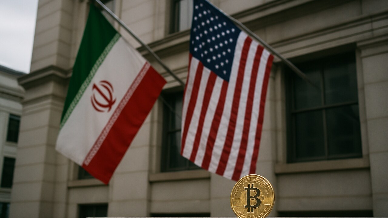 De vlaggen van Iran en de Verenigde Staten naast elkaar met op de voorgrond een Bitcoin-munt