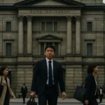 Het hoofdkantoor van de Bank of Japan in Tokio onder een grauwe hemel