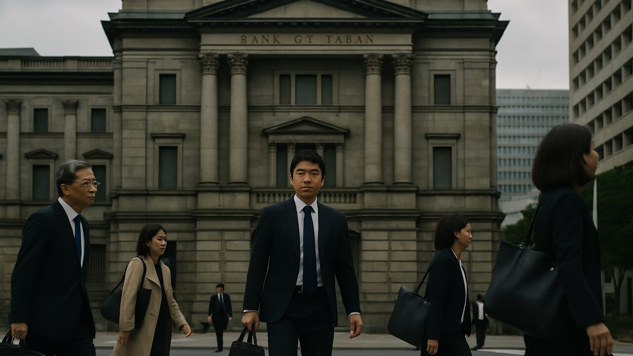 Het hoofdkantoor van de Bank of Japan in Tokio onder een grauwe hemel