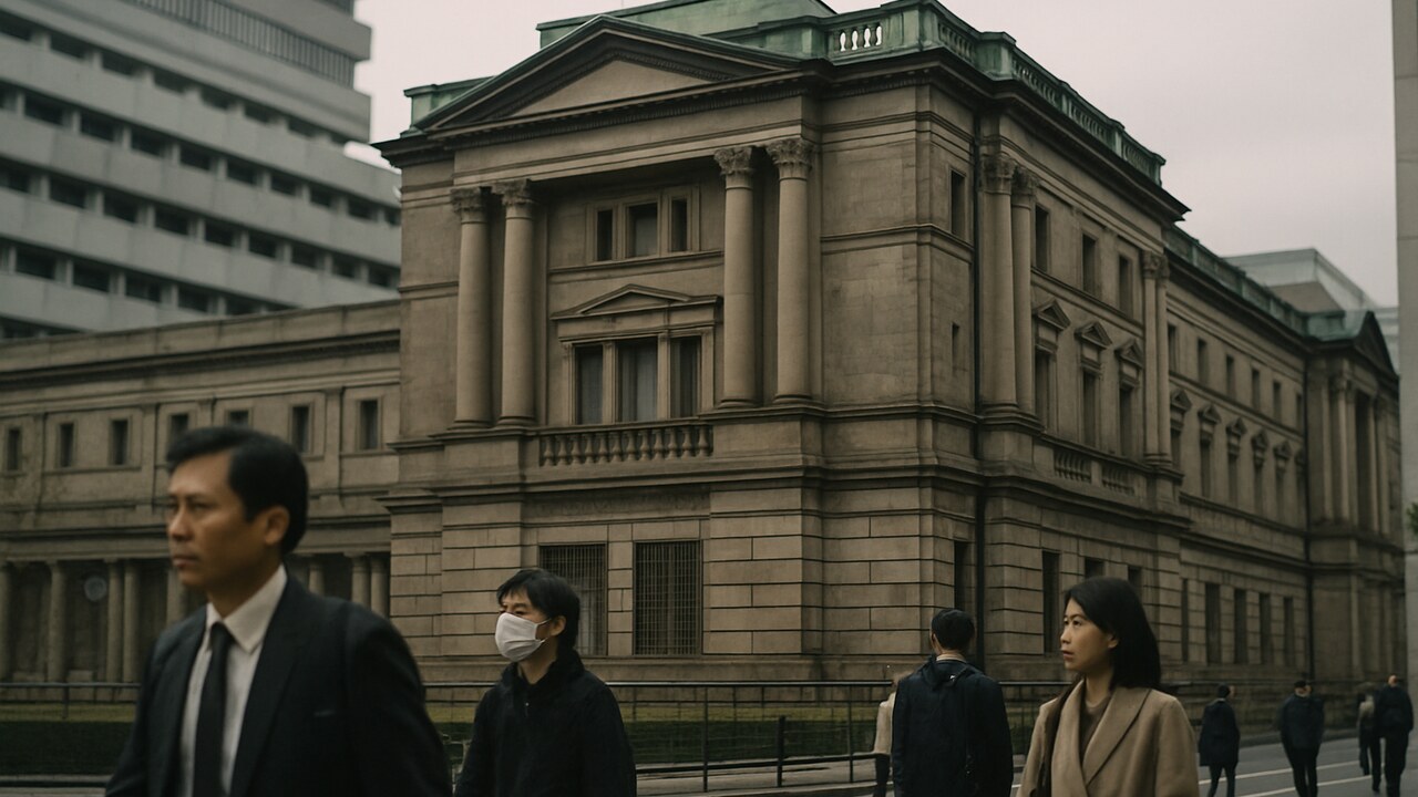 Het hoofdkantoor van de Bank of Japan in Tokio op een bewolkte ochtend
